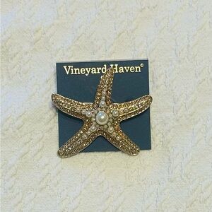 NWT Vineyard Haven Starfish Brooch - Gold, Pearl & Crystal Nautical Pin